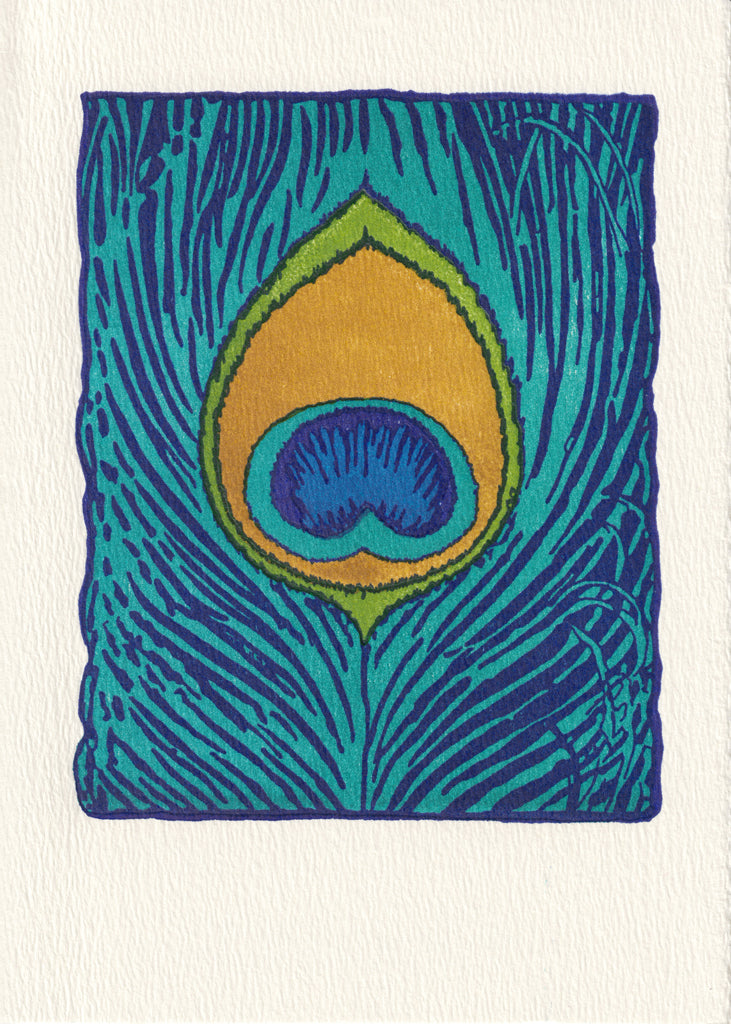 exterior of greeting card depicts a detailed depiction of a peacock feather. 