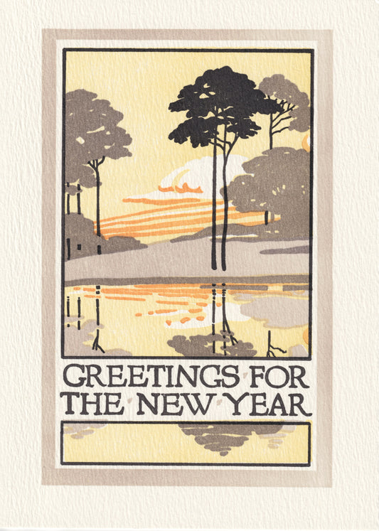 front of greeting card: a cluster of large trees stand on the shoreline. Their reflections form on the surface of a lake. Text: greetings for the new year.