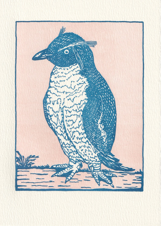 Blue penguin on a pale pink background, front side of greeting card